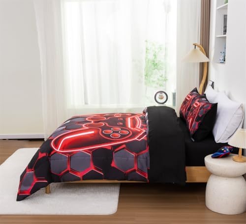 NTBED 3D Gaming Comforter Set for Boys Kids Teens,5pcs Gamer Bedding Sets with Sheet,Game Console Bed in a Bag (Red, Full) - Image 2