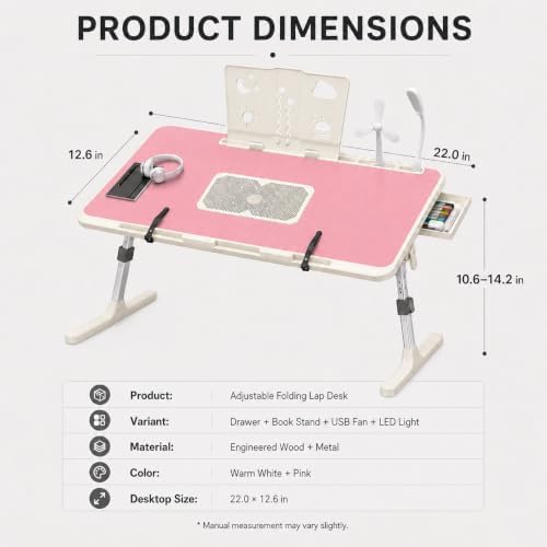 Lap Desk with Cooling Fan, LED Light and USB Port, Adjustable Laptop Desk with Storage Drawer, Foldable Laptop Table for Bed Sofa Work Study, Portable Computer Desk (Pink) - Image 3