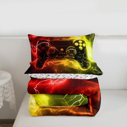 Feelyou Kids Boys Red Yellow Gamer Comforter Queen Size, Honeycomb Gaming Comforter Set for Lightning Gamer Bedding Set Game Duvet Set Bed Set Room Decor Quilt Set Bedding Collection - Image 3