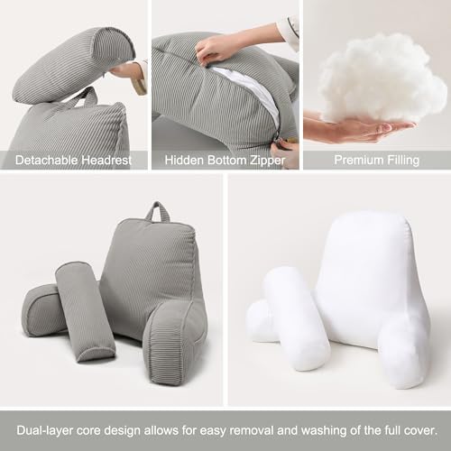 Corduroy Reading Pillow for Sitting Up in Bed, Backrest Pillow with Arms, Full Back Support Cushion with Side Pockets & Washable Cover, Adult Support for Sofa Couch Floor, Light Gray - Image 6