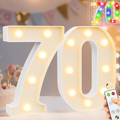 Pooqla 70th Birthday Decoration for Her Him, Decorative LED Light Up Numbers, Marquee Numbers 70 Sign for Party Backdrop 70th Wedding Anniversary Decor Gift, Warm White and Colorful Number 70 by Pooqla