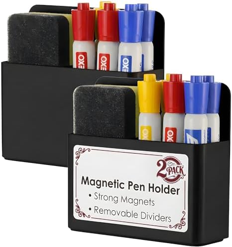 2 Pack Magnetic Pen Holder for Refrigerator & Whiteboard, Full-Back Magnet Dry Erase Marker Holder with Adjustable Divider, Magnetic Marker Holder for White Board Office Desk Locker Accessories, Black by EZCozy