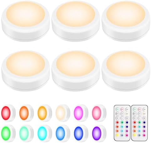 BLS LED Puck Lights with Remote Control, Wireless Under Cabinet & Closet Lighting, RGB 13 Color Changing Lights with Dimmer, Timer & AA Battery Operated, Push, Touch, Stick on for Night, White, 6 Pack by BLS