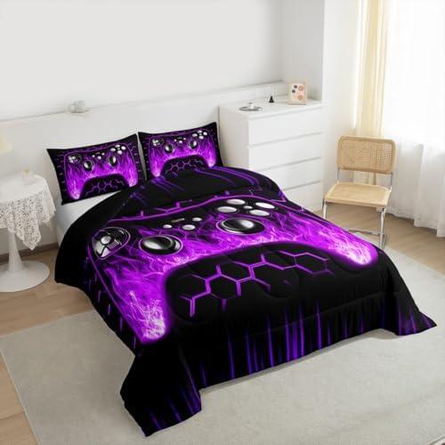 Erosebridal Honeycomb Gamer Kids Comforter Set Purple Neon Lights Game Console Toddler Bedding Sets for Boys Ombre Art Geometric Hexagon Beehive Duvet Set Gaming Decor for Boys Bedroom Decor - Image 2