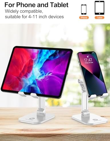 OCYCLONE Phone Stand, Adjustable Height and Angle Foldable Cell Phone Stand Holder for Desk, Taller iPhone Stand Compatible with 4.7"-13" Smartphones iPad Tablet, White - Image 4