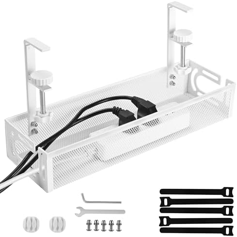 Under Desk Cable Management Tray Small – Clamp-Mounted Wire Organizer & Cord Management Under Desk Holder, No-Drill Metal Cable Tray for Home Office (White) by QUELIEN