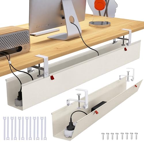 Extra Large 48" Under Desk Cable Management Tray for Standing Desk, No Drill Clamp On Wire Hider, Heavy Duty Anti-Sag Cord Organizer, Cable Tray for Studio & Dual Monitors (Beige, 48") by Cotohim