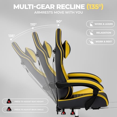 Ergonomic Video Gaming Chair Blackyellow | Massage Lumbar Support, 90°-135° Reclining with Footrest, Adjustable Height 360° Swivel PU Leather Office Chair for Adults - Image 4
