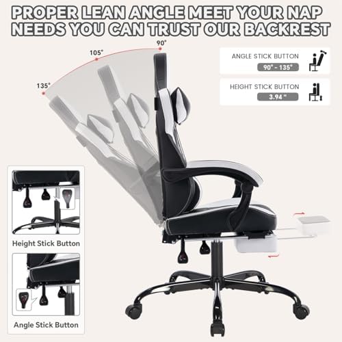 Gaming Desk Chair for Adults, Ergonomic Gaming Chair (Black+White-1) | with Footrest & Headrest and Lumbar Support, Leather Material Height Adjustable computer Video Game Chairs - Image 4