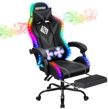 LED Gaming Chair with Speakers RGB Lights Massage Computer Chairs-Grey | Bluetooth Game Chairs for Adults;Ergonomic High Back Video Game Chair; Reclining Gamer Chair with Footrest Lumbar Support - Image 3