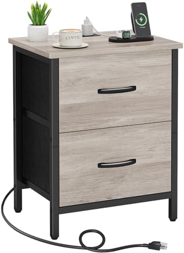Vagusicc Nightstand with Charging Station, Bedside Table with USB Ports and Outlet, End Table Side Table with 2 Fabric Drawers for Bedroom, Living Room, Greige by Vagusicc