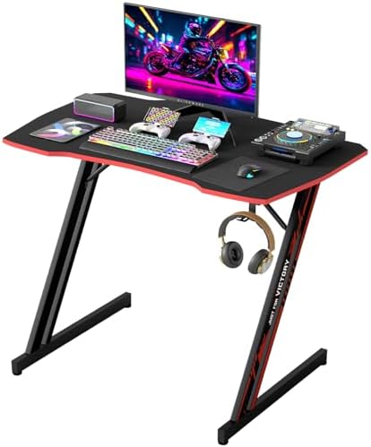 BestOffice Gaming Desk 35 in PC Computer Desk Z Shaped Gaming Workstation Ergonomic Gaming Table with Headphone Hook for Home Office,Black&Red by BestOffice