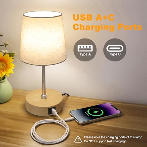 Ascher Small Bedside Table lamp Set of 2, RGB Color Changing Lamps, 3 Color Temperatures, Stepless Dimmable, Nightstand Lamp with USB C+A Ports for Bedroom Living Room, (Flaxen Shade, Wood Grain Base) - Image 5