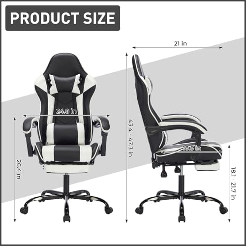 Leather Ergonomic Gaming Chair with Footrest, Comfy Massage Gaming Chair with Comfortable Headrest & Lumbar Support for Adults Kids Women Men Boys, 300 LBS Capacity (Black+White) - Image 3