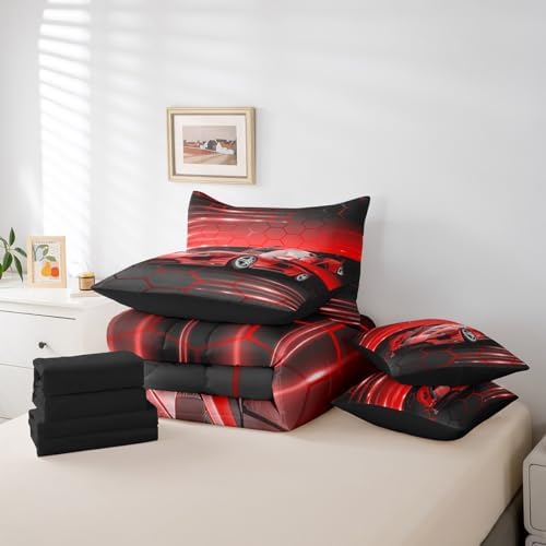 Feelyou Red Race Car Bedding Set 7 Piece Boys Girls Speed Sports Car King Comforter Set with Sheets for Kids Extreme Sports Bed in a Bag Lighting Honeycomb Theme Bed Set Room Decor - Image 6