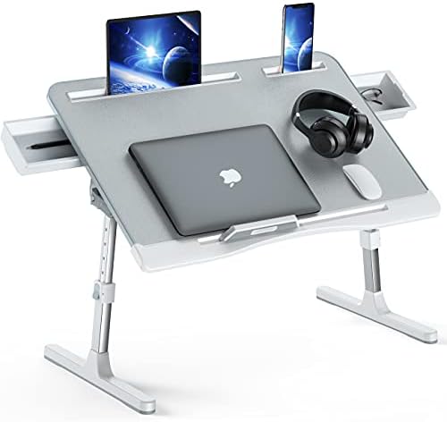 KLEAR Laptop Bed Tray Desk, Foldable and Adjustable Lap Table with Heights and Angles, Upgraded-Sturdy Laptop Lap Desk for Bed/Sofa/Couch/Floor (2 Drawers, Grey) by KLEAR