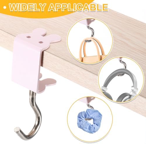 PATIKIL Desk Hook, 4Pcs Desk Mount Bag Holder Hook Rabbit J Hooks for Hanging Bag Backpack Under Desk Clamp Purse Adjustable Headphone Table Closet Door Under Counter, White - Image 4