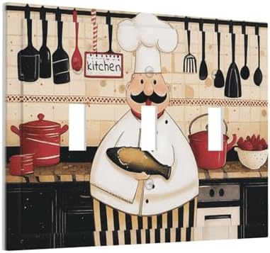 Decorative Light Switch Cover Plate Cartoon Fat Happy Chef Cook 3 Gang Wall Plate Triple Toggle Switch Plate Covers 3 Hole Electrical Switchplate Dimmer Faceplate for Farmhouse Kitchen Decor - Image 2