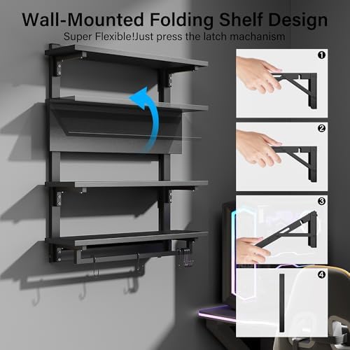 kepptory 24" Foldable Gaming Floating Shelves with LED Lights, 4 Tier Display Rack with Adjustable Shelf, Wall Mounted Shelf with Hanging Rod and 8 S-Hooks for Gaming Room, Black - Image 5