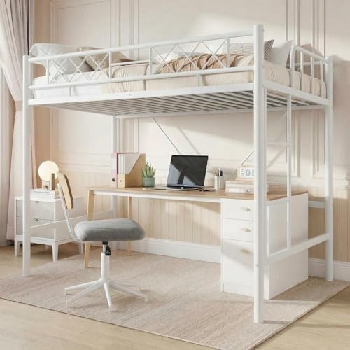 Garvee Loft Bed Twin Size with Safety Guardrail & Ladder,Metal Frame, White by Garvee