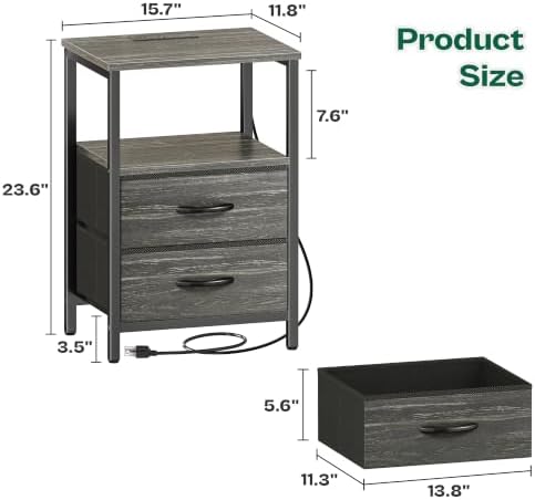 Huuger Night Stand with Charger Station and LED Lights, 2 Drawer Nightstand - Image 3