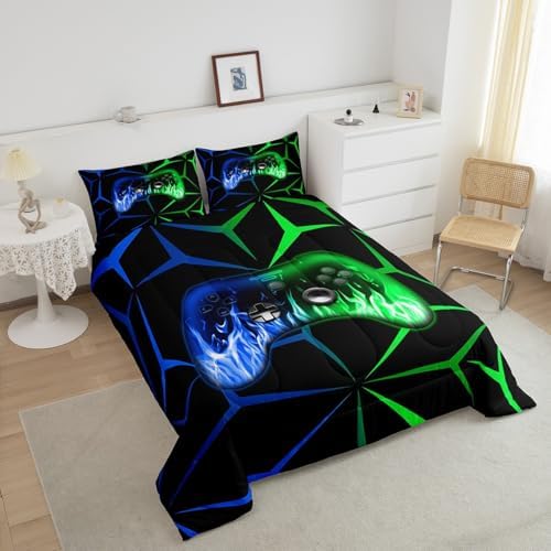 Feelyou Gamer Comforter Set for Kids Boys,3D Video Gaming Bedding Set King Size,Teens Bedroom Room Decor,Green and Blue Game Contoller Comforter,Geometric Game Bed Set All Season for Game Lovers - Image 3