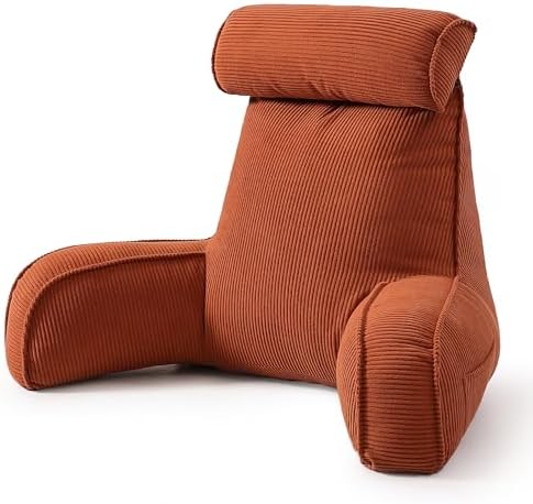 Pillow with Arms for Sitting Up in Bed, Reading Backrest Pillow, Corduroy Back Support Cushion with Side Pockets & Washable Cover, Bed Rest Pillow for Bed Sofa Couch Relax Support, Brick Red by Ailuteie