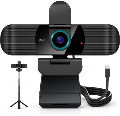 Pro QHD 2K/60fps Webcam with Tripod, External USB-C Camera for PC/Laptop by RUWBY