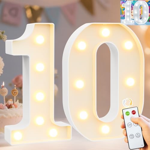 Pooqla 10th Birthday Decoration for Girls Boys, Decorative Marquee Numbers with Remote, Light Up 10 Sign for Party Backdrop 10th Wedding Anniversary Decor, Warm White and Cool White Number 10 by Pooqla