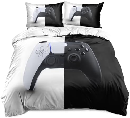 Queen Size Duvet Cover Set - Bedding Set with Comforter Cover & Pillowcases Featuring Controller Close-Up (White/Black Split Background), Perfect for Teen Gamers' Room Decor - Image 2