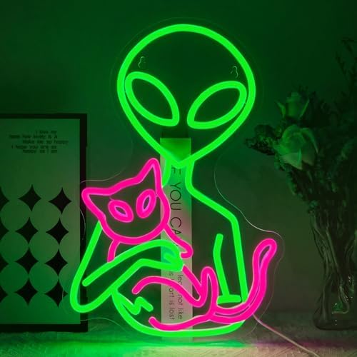 Alien Neon Sign for Wall Decor Dimmable Aliens Cat Led Lights Signs for Bedroom Green Neon Light for Game Room Man Cave Bedroom Party Decoration Gift for Kids Boys by Unknown