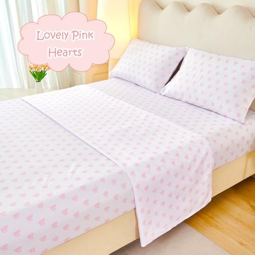 WINLIFE Kids Full Sheet Set Lovely Pink Hearts Printed for Girls 4 Pieces - Image 3