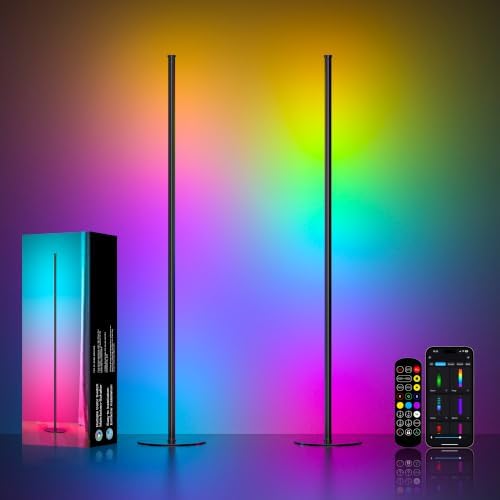 Corner Floor Lamp 2 Pack, RGB IC LED Corner Lamp with Remote for Living Room, 16 Million Colors and Dynamic Modes, Music Sync and Timing, Minimalist Style, Color Changing for TV Bedroom Gaming Room by Meewata