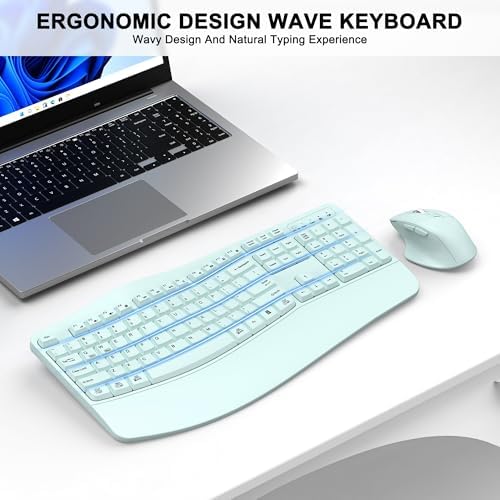 Wireless Keyboard and Mouse Combo, 2.4G Ergonomic Wave Key(Mint Green) - Image 2