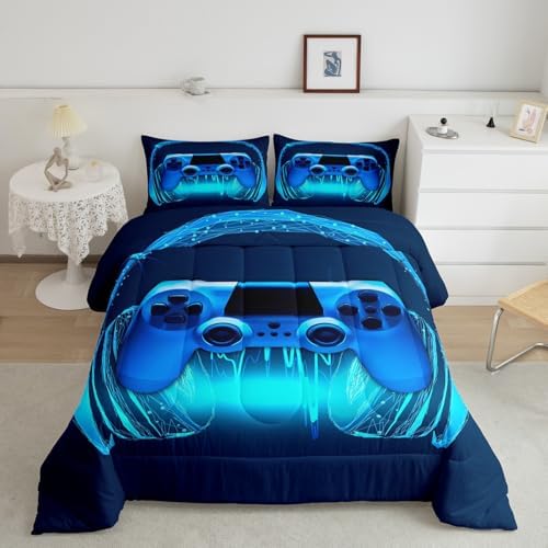 Gamer Comforter Set King Size,Blue Headphones Musical Design Games Gamepad Bedding Set for Kids Boys Video Game Room Decor Retro Playing Gamer Down Comforter Gaming Controller Quilted Duvet Set by Erosebridal
