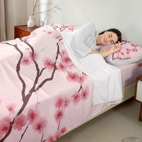 Cherry Blossoms Bed Sheets Girl Pink Floral Sheet Set King 4 Pcs Japanese Spring Bed Sheets Set + Blossom Petal Branch Floral Flat Sheet + Decor 2 Pillow Cases For Women,Girly Romantic Style - Image 4