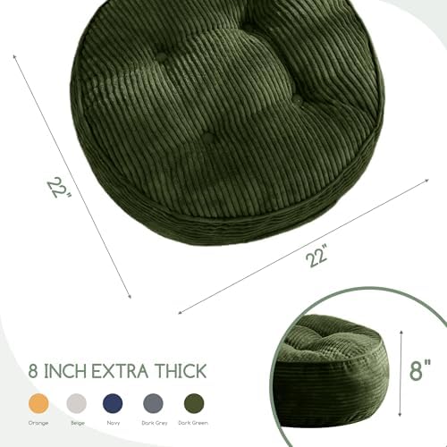HIGOGOGO 8" Extra Thick Floor Pillow Cushion for Adults, Meditation Cushion Pillow, Large Round Floor Sitting, Tufted Corduroy Cover, for Tatami Living Room or Yoga, 22x22 Inch, Dark Green - Image 2