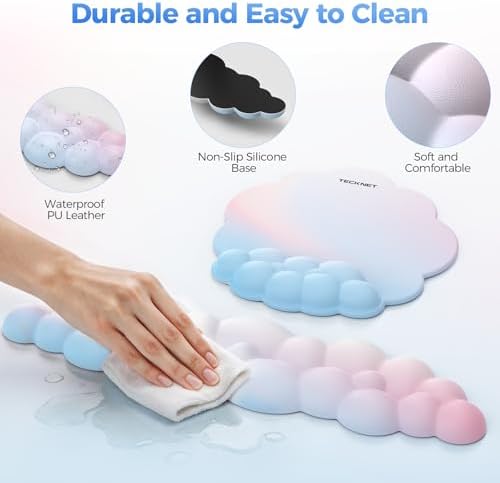 TECKNET Cloud Wrist Rest & Ergonomic Mouse Pad, Cloud Keyboard Wrist Rest with Non-Slip Base, PU Leather Memory Foam Wrist Pad for Keyboard and Mouse, Pain Relief for Typing, Gaming, Rainbow - Image 6