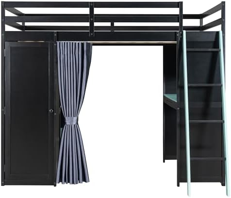 Merax Full Size Loft Bed with Desk and 6 Storage Shelves, Wardrobe, Blackout Curtain, Sturdy Wood Gaming Loft Bunk Bed Frame with USB Port & RGB Lights, No Box Spring Needed, Space-Saving, Black+Blue - Image 7