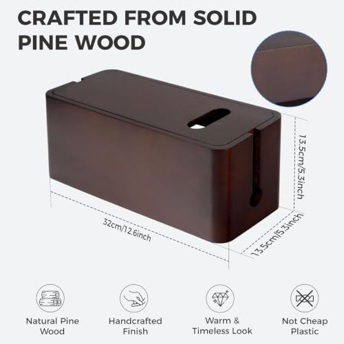 Large Wooden Cable Management Box, Cord Organizer for Power Strip, Surge Protector & Chargers, Ventilation Holes & Multi Cable Slots, Wire Hider for Desk, TV, Office & Gaming Setup - Image 5