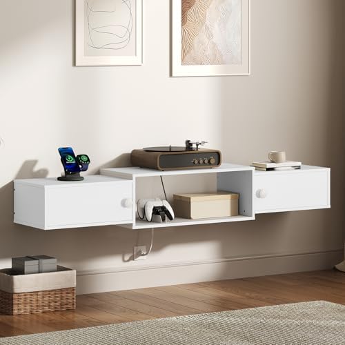 HOOBRO 55" Floating TV Stand with Power Outlet, Modern Wall Mounted Media Console Shelf Cabinet for Under TV Storage, Entertainment Center, Living Room, Bedroom, White WT11UDS01 - Image 4