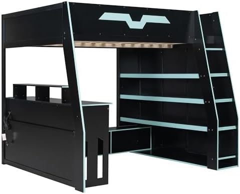 Merax Full Size Gaming Loft Bed with Desk and Multi-Storage Shelves, Space-Saving Wood Loft Bed Frame with Full-Length Guardrail for Teens Bedroom, Built-in Light Strip & Charging Station, Cloud Blue - Image 6