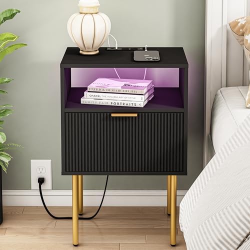 Modern Nightstand with Charging Station and LED Lights, Black Nightstand with Drawer, Fluted Nightstand for Living Room, Bedroom by JOONEE