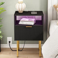 Modern Nightstand with Charging Station and LED Lights, Black Nightstand with Drawer, Fluted Nightstand for Living Room, Bedroom by JOONEE