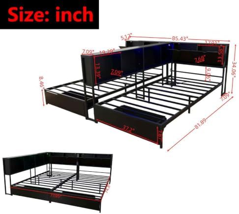 Black Corner Bed with Drawers, Bookcase, Light & Charging Station,Twin/Twin - Image 2