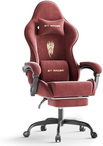 Ferghana Velvet Fabric Gaming Chair, High Back Ergonomic Gamer Chair for Adult, Comfortable Video Game Chair with Footrest and Massage Lumbar Cushion, Racing Reclining Office Computer Desk Chair Red by FerghanaGamingChair