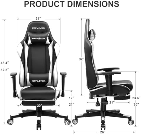 GTPLAYER Gaming Chair with Footrest, Ergonomic Computer Game Desk Chair, Reclining Game Chair Seat Height Adjustment, Swivel Rocker with Headrest and Lumbar (White) - Image 3