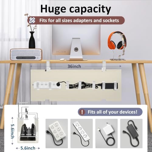 36" Under Desk Cable Management Tray for Home Office, No Drill Cord Organizer for Glass & Wood Table, Anti-Sag Oxford Fabric Wire Management Hider, Fits Surge Protector (Beige, 36") - Image 2