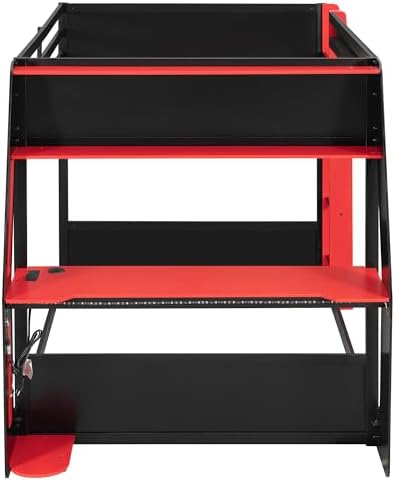 Merax Full Over Full Gaming Bunk Bed Frame with Side-Mounted Oversized Desk, USB Charging Ports & Cable Grommet & Light, Cool Design Heavy-Duty Esports Loft Bed Frame, Red - Image 4