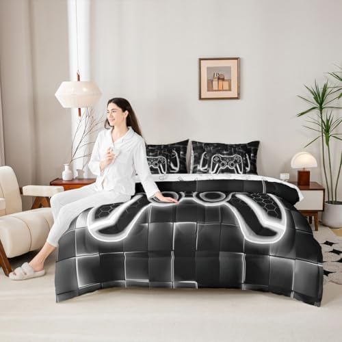 Feelyou Kids Gamer King Comforter Set with Sheets 7 Piece Grey and Black Bedding Set for Boys Teens Decor Gaming Ombre Bed in a Bag Geometric Square Bed Set - Image 6